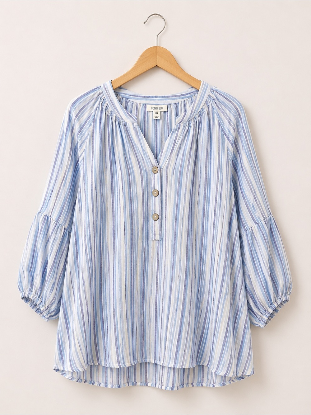 NWT New Como Blu Blue Stripe Button-Front Peasant Top 3X